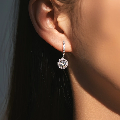 Moissanite Halo Drop Earrings With 925 Sterling Silver Earring Post Round Brilliant D Color VVS1 Sparkling Jewelry Women