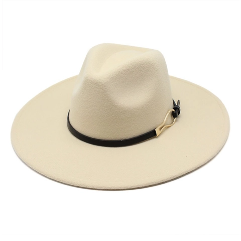 Wide Brim Wool Felt Fedora Hat With Metal Buckle Leather Band Vintage British Style Jazz Cap For Men Women