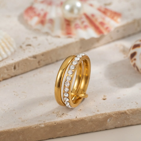 Interlocking Double Layer Ring Stainless Steel 18K Gold Plated Cubic Zirconia Pavé Geometric Minimalist Finger Jewelry