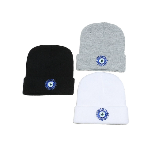 Gorro De Punto Bordado Ojo Turco No Bad Vibes Streetwear Invierno Calido Acrilico Unisex