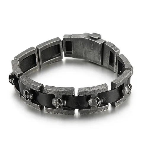 Bracciale Teschio Per Uomo Acciaio Inossidabile 316L E Pelle Di Vacca Vintage Distressed Punk Gothic Hip Hop Gioielli