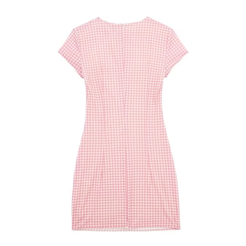 Abito Mini da Donna in Gingham Rosa a Maniche Corte Sexy Cutout Lacci Bodycon Slim Fit Estate Plaid Dolce Casual
