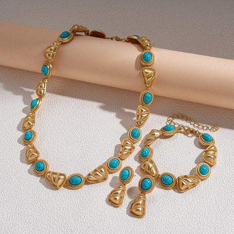 Collana Lunga Maglione Geometrica Vintage Lega Turchese Sintetico Triangolo Ovale Colore Contrasto Stile Palazzo Donna