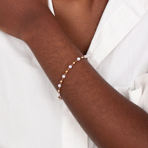 French Vintage Imitation Pearl Iron Beaded Bracelet For Women Elegant Gold Silver Color Contrast Adjustable Hand Jewelry