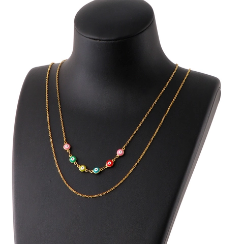 Collana Doppio Strato Malocchio Per Donna Acciaio Inossidabile Perline Smalto Colorato Gioielli Bohemian Catena