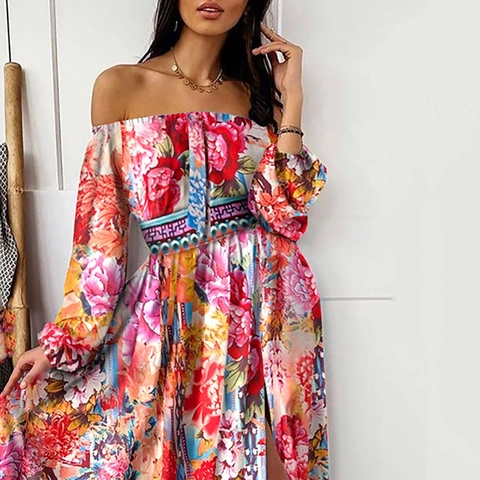 Maxi Jurk Polyester Off Shoulder Lange Mouwen Hoge Split Bedrukt Retro Barok Stijl Elegant Avond Feest Vakantie Vrouwen
