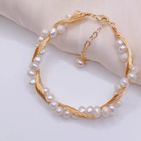 Handgeweven Zoetwaterparel Armband Retro 14K Goud Gevuld Verstelbare Armring Sieraden Voor Dames Elegant Cadeau