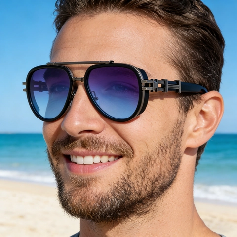 Retro Punk Pilot Sunglasses For Men Double Bridge Metal Frame UV400 Protection Shades Fashion Driving Travel Eyewear