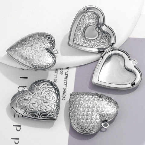 Stainless Steel Heart Locket Pendant Vintage Embossed Flower Tree Of Life Charm DIY Jewelry Making Accessory