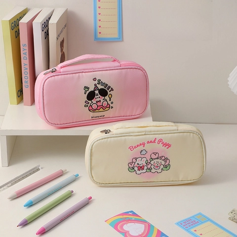 Astuccio Grande Capacità Kawaii Cartone Animato in Poliestere Borsa Porta Cancelleria Con Maniglia Per Scuola Ufficio Ragazze Studenti