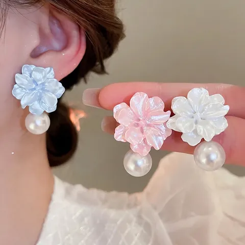 Hars Bloem Kunstparel Oorbellen Met 925 Sterling Zilver Oorsteker Elegante Zoete Florale Dangle Sieraden Vrouwen