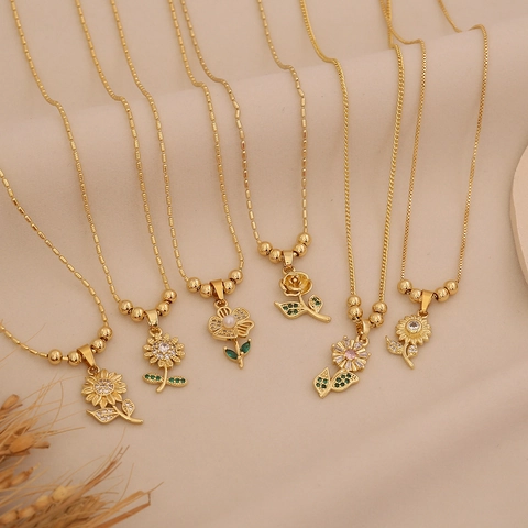 Gold Plated Copper Sunflower Rose Flower Pendant Necklace Cubic Zirconia Imitation Artificial Pearl Clavicle Chain Jewelry For Women