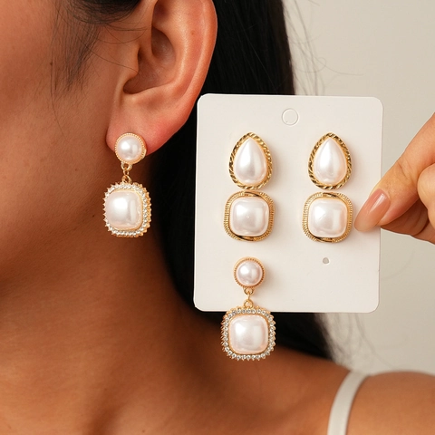 Orecchini Di Künstliche Perle Di Imitazione Barocchi Vintage Strass Geometrici Quadrati Goccia D Acqua Lega Perno In Argento