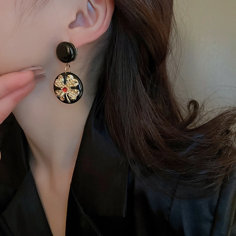 Pendientes Geométricos Vintage De Esmalte Negro Aleación Circón Con 925 Sterling Silver Earring Post Para Mujer Joyería