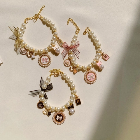 Elegant Faux Artificial Pearl Pet Necklace With Alloy Crown Charms And Ribbon Bow Adjustable Jewelry For Dogs Cats