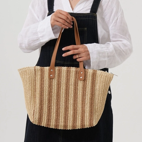 Bolso Tote De Paja Tejida A Rayas Gran Capacidad Bolso De Hombro De Cuerda De Papel Con Asas De Cuero PU Para Mujeres Estilo Retro Playa