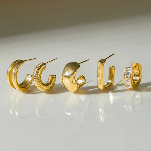 Stainless Steel Hoop Earrings Gold Plated Waterproof Hypoallergenic Geometric C Shape Minimalist Fashion Jewelry For Women