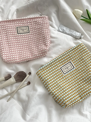 Borsa Trucco Maglia Popcorn Tessuto Bolle Grande Capacità Pochette Toilette Donne Cura Della Pelle Organizzatore Viaggio Stile Ins Texturizzato