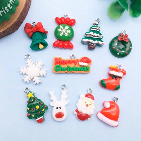 Christmas Charms Resin Pendants For DIY Jewelry Making Santa Claus Tree Snowflake Wreath Bell Mixed Styles