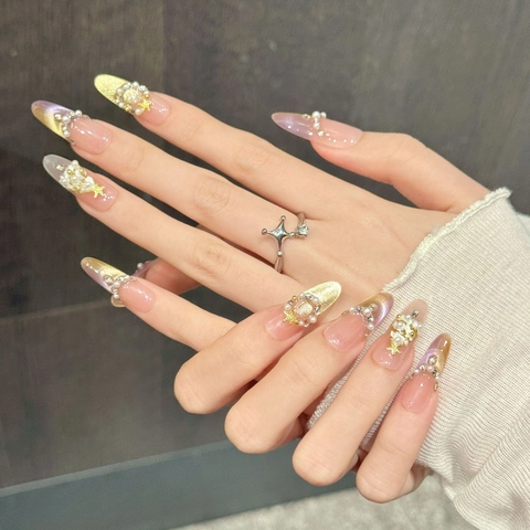 Unghie Finte Fatte A Mano Sfumate Rosa Stella Perla Artificial Strass Mandorla Lunga Natale Per Donne