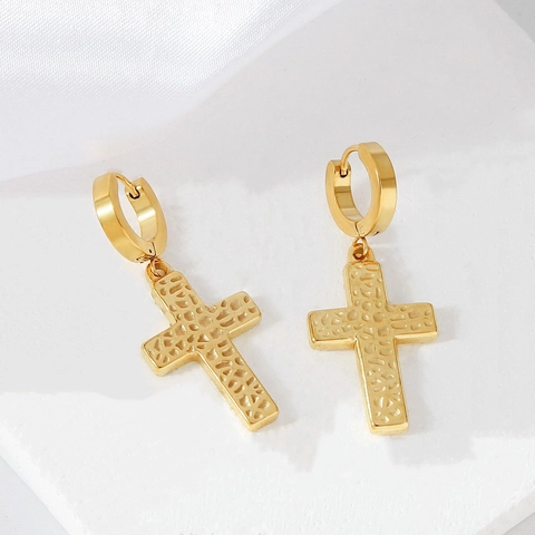 Hip Hop Stainless Steel Cross Drop Earrings For Men Women Gold Plated Hammered Texture Religious Fashion Jewelry Earrings