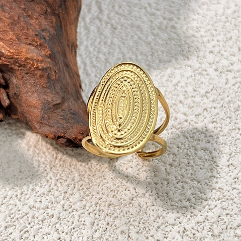 Bohemian Oval Open Ring 304 Stainless Steel 18K Gold Plated Retro Relief Geometric Adjustable Finger Ring For Women