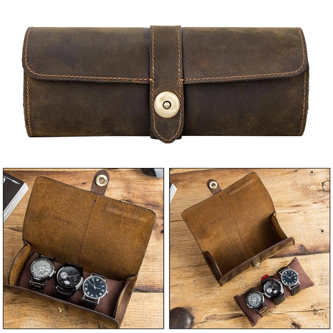 Vintage Crazy Horse Leather Watch Storage Box Roll Case Genuine Cowhide Round Travel Display Organizer Snap Closure Brown