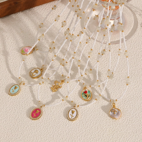 Vintage Enamel Flower Pendant Necklace Stainless Steel Beaded Chain Imitation Artificial Pearl Rose Tulip Shell Elegant Women