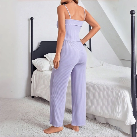 Pigiama Donna Poliestere Elastan Maglia A Costine Top Cami Senza Maniche E Pantaloni Larghi Abbigliamento Da Casa