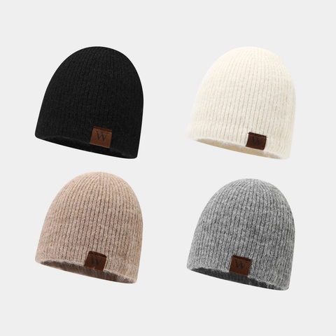 Knitted Beanie Hat Wool Blend Ribbed Warm Retro Streetwear Winter Skull Cap W Letter Patch Casual