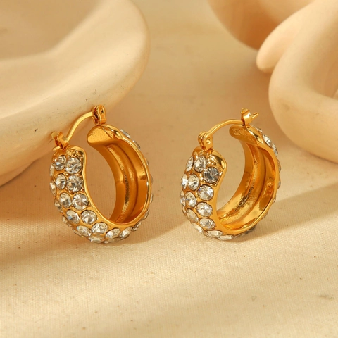 Chunky Hoop Ohrringe 18K Vergoldet Edelstahl Pflaster Zirkonia C-Form Modisch Elegant Für Frauen