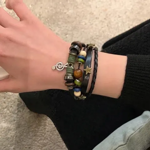 Multilayer Leather Bracelet Retro Musical Note Star Charm Alloy Wood Beads Hand Woven Adjustable For Women Men