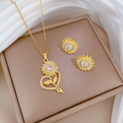 Sunflower Heart Necklace Earrings Ring Titanium Steel Gold Plated With Zircon Silver Earring Post Elegant Jewelry
