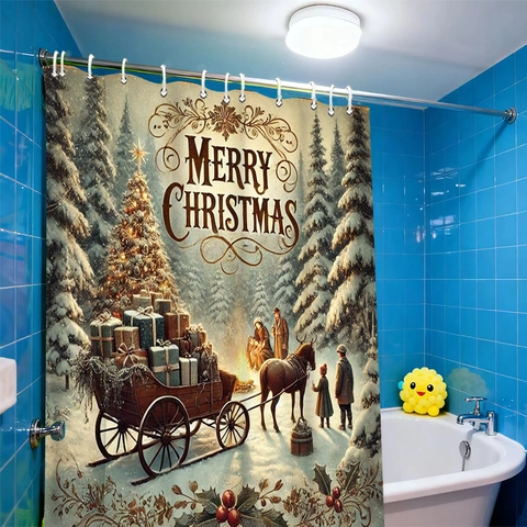 Kerst Douchegordijn Waterdicht Polyester Vintage Sneeuwwoud Slee Patroon Badkamer Decor Met Haken