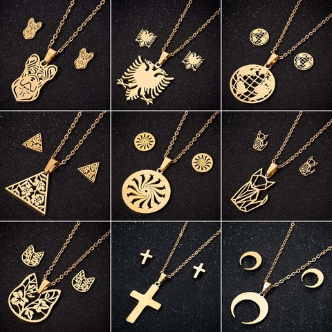 Juego De Joyas De Acero Inoxidable Colgante De Origami Zorro Gato Águila Luna Collar Y Pendientes Para Mujer Accesorio De Moda