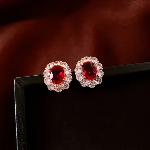 Boucles D'oreilles Puces Ovales Pierres Rouges Style Palais Français Cuivre Plaqué Or Véritable Avec Tige En Argent 925