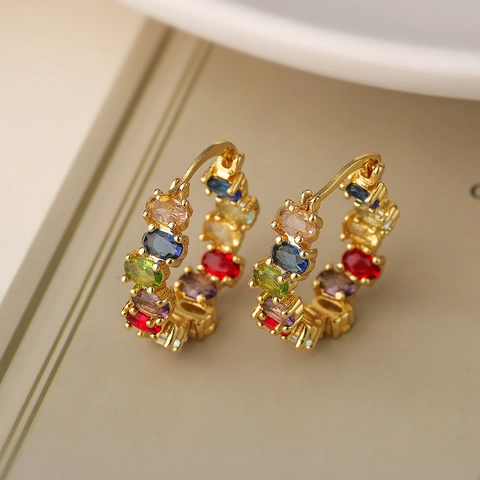 Fashion Colorful Rhinestone Geometric Hoop Earrings Copper Gold Silver Plated Niche Design Ear Jewelry For Women Daily Party