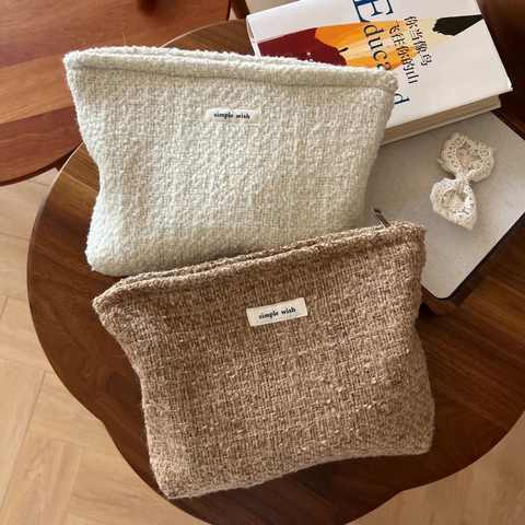 Tweed Cosmetic Bag Handbag Woven Storage Pouch Retro Minimalist Fabric Zippered Makeup Organizer For Women Daily