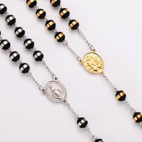 Collar Rosario Colgante Cruz Acero Inoxidable 304 Cuentas Oración Religiosa Bañado En Oro 18K Joyas