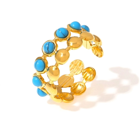 Anello Aperto Doppio Strato Acciaio Titanio Intarsiato Turchese Blu Tonda Bohémien Vintage Semplice Gioielli Minimalisti
