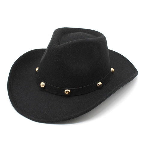 Western Cowboy Hat Wool Felt Wide Brim Jazz Fedora With Gold Rivet Decorative Band And Adjustable Windproof Rope For Men Women