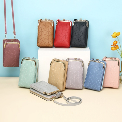 Crossbody Phone Bag Women PU Leather Kiss Lock Zipper Multi Pocket Solid Color Small Shoulder Purse Minimalist
