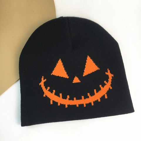 Halloween Pumpkin Beanie Hat Acrylic Knit Jacquard Jack-O-Lantern Face Warm Winter Cap For Outdoor Cycling Adult