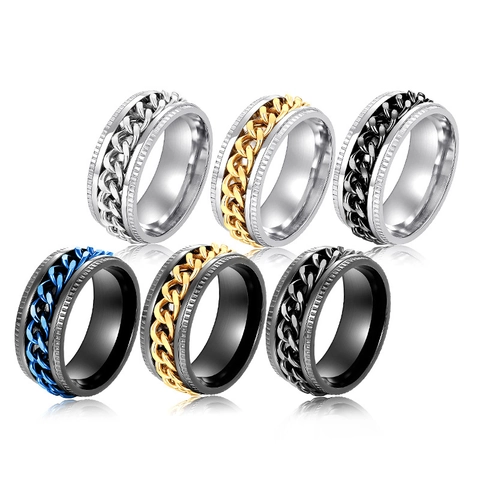Stainless Steel Spinner Ring With Rotatable Cuban Chain Band Industrial Punk Style Hip Hop Jewelry For Men Unisex