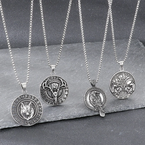 Collana Con Ciondolo Vichingo Acciaio Inossidabile Retro Mitologia Norrena Lupo Corvo Cervo Albero Della Vita Runa Gioielli Punk Uomo