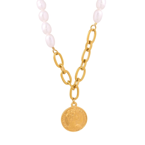 Vintage Asymmetrical Necklace With Natural Freshwater Pearl And Gold Plated Titanium Steel Coin Pendant For Women Retro
