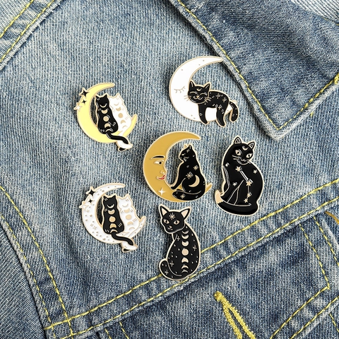 Black Cat Moon Enamel Pin Brooch Celestial Star Mystery Badge For Clothes Bag Accessories