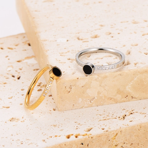 Anillo De Acero Inoxidable Para Mujer Minimalista Moda Círculo Geométrico Incrustación Negra Acentos Circonia Números Romanos
