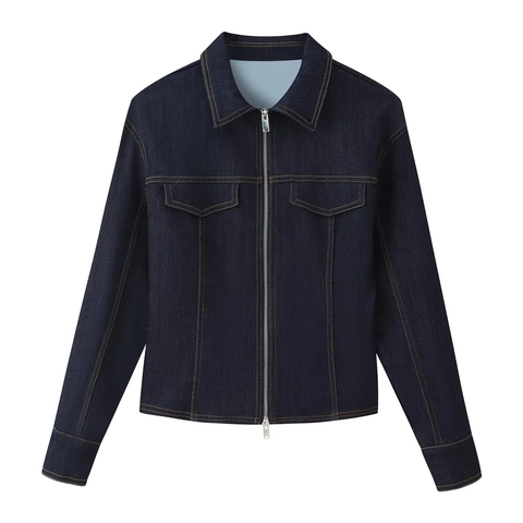Damen Denim Jacke Und Flare Hose Schmal Geschnitten Dunkelblau Kontrastnähte Streetwear Mode Casual Look
