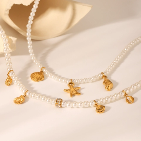 Collar Con Colgante De Concha Y Estrella De Mar Acero Inoxidable Perla Artificial Simulada Joyería Náutica Impermeable Para Mujer